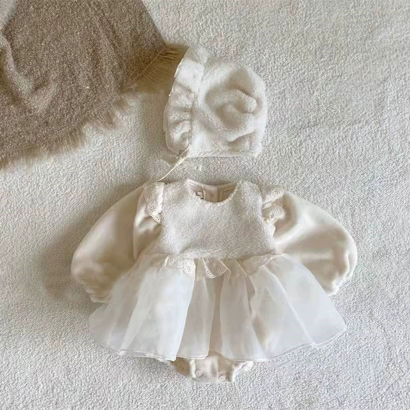 Tutina abito in cotone con gonna in tulle – Panna