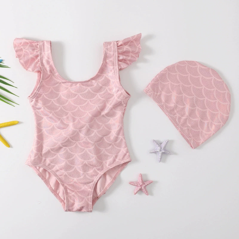 Costume Intero Bambina "Dolce Sirena"  Rosa con Maxi Fiocco Lucido