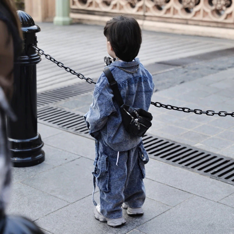 Set 2 pz Bimbo    giacca e  pantaloni cargo  in denim  vintage