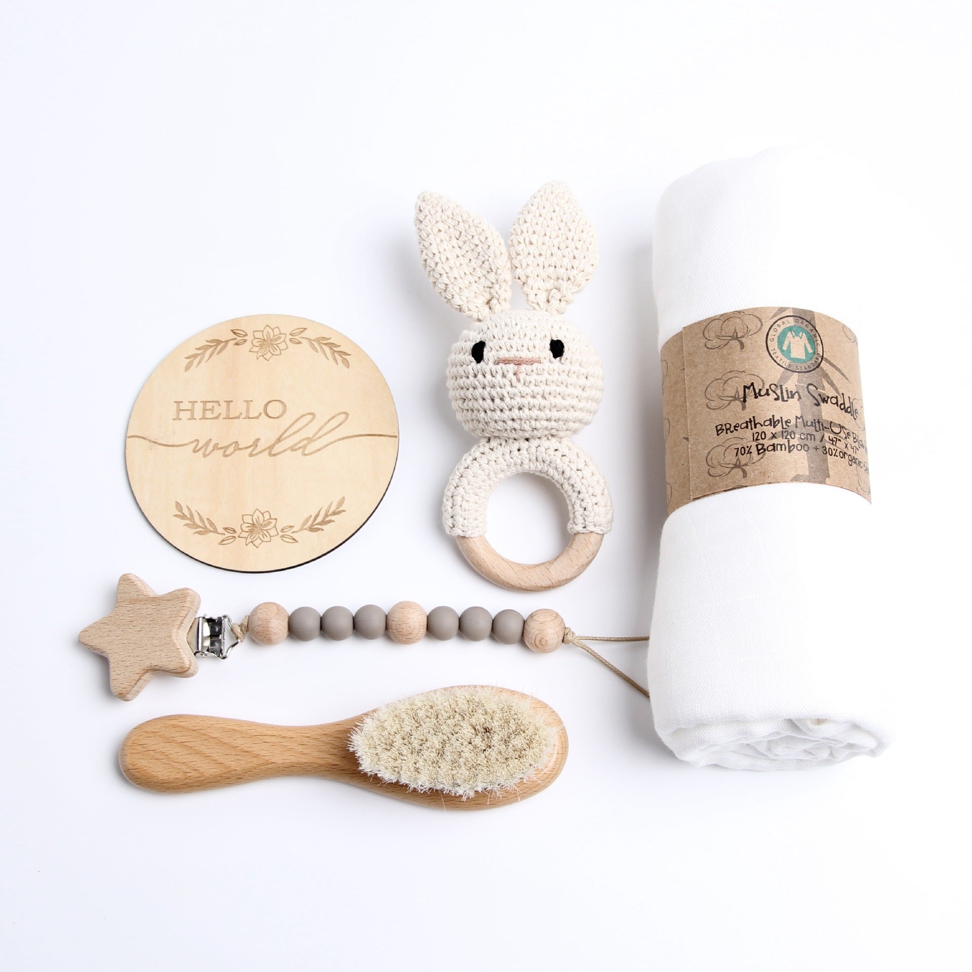 Set Regalo Neonato in Legno e Cotone bianco   e Naturale