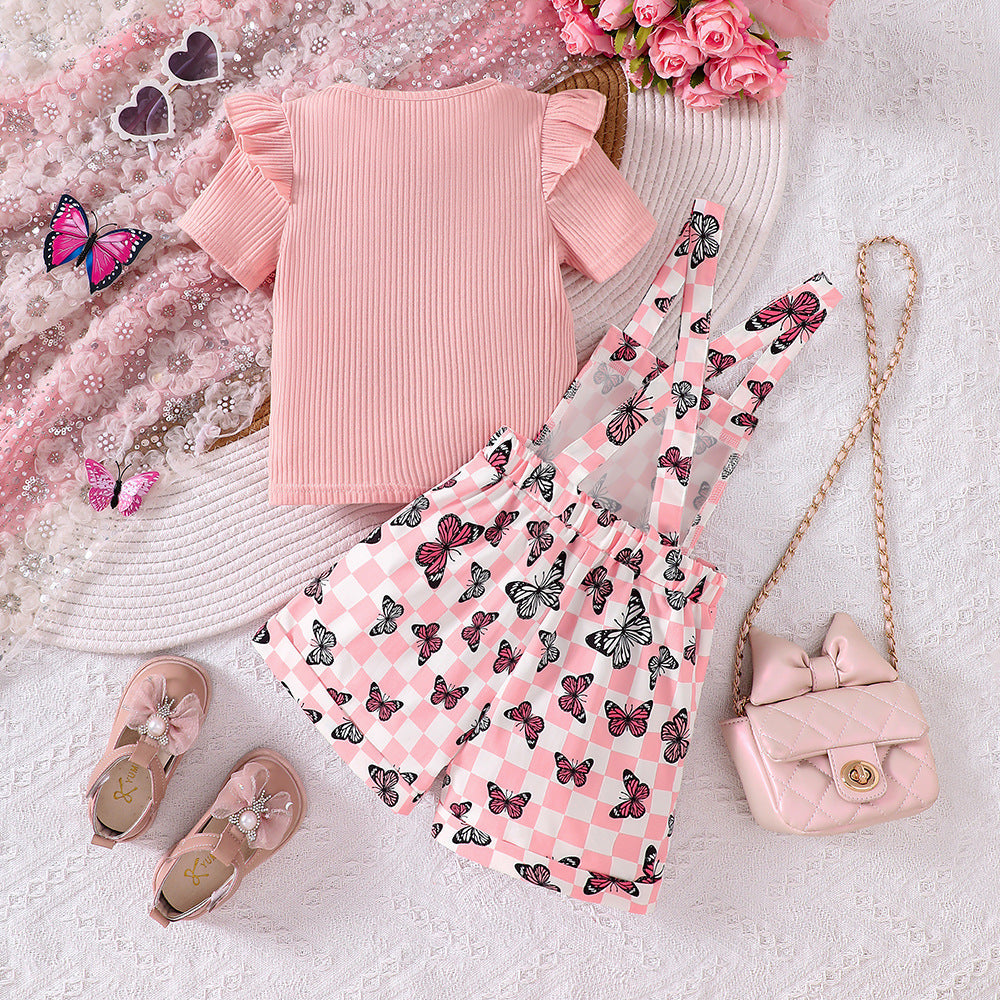 Completo Bimba con T-shirt Rosa e Salopette a Quadretti con Farfalle