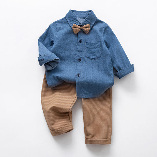 Set Elegante Bambino - Camicia in Denim e Pantaloni Beige