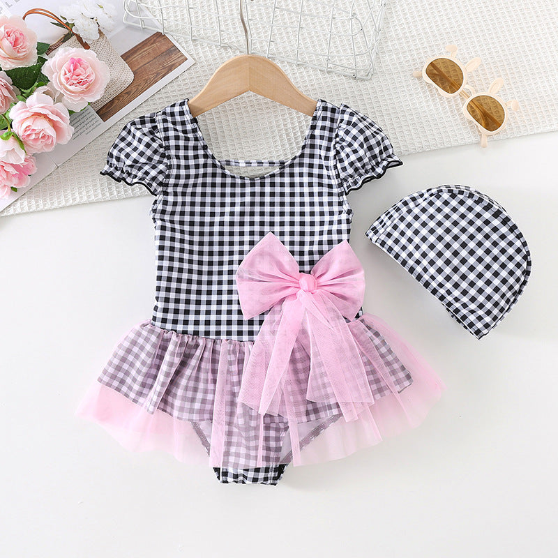 Costume Intero Bambina Vichy con Gonnellina Rosa e Fiocco – 3 Pezzi