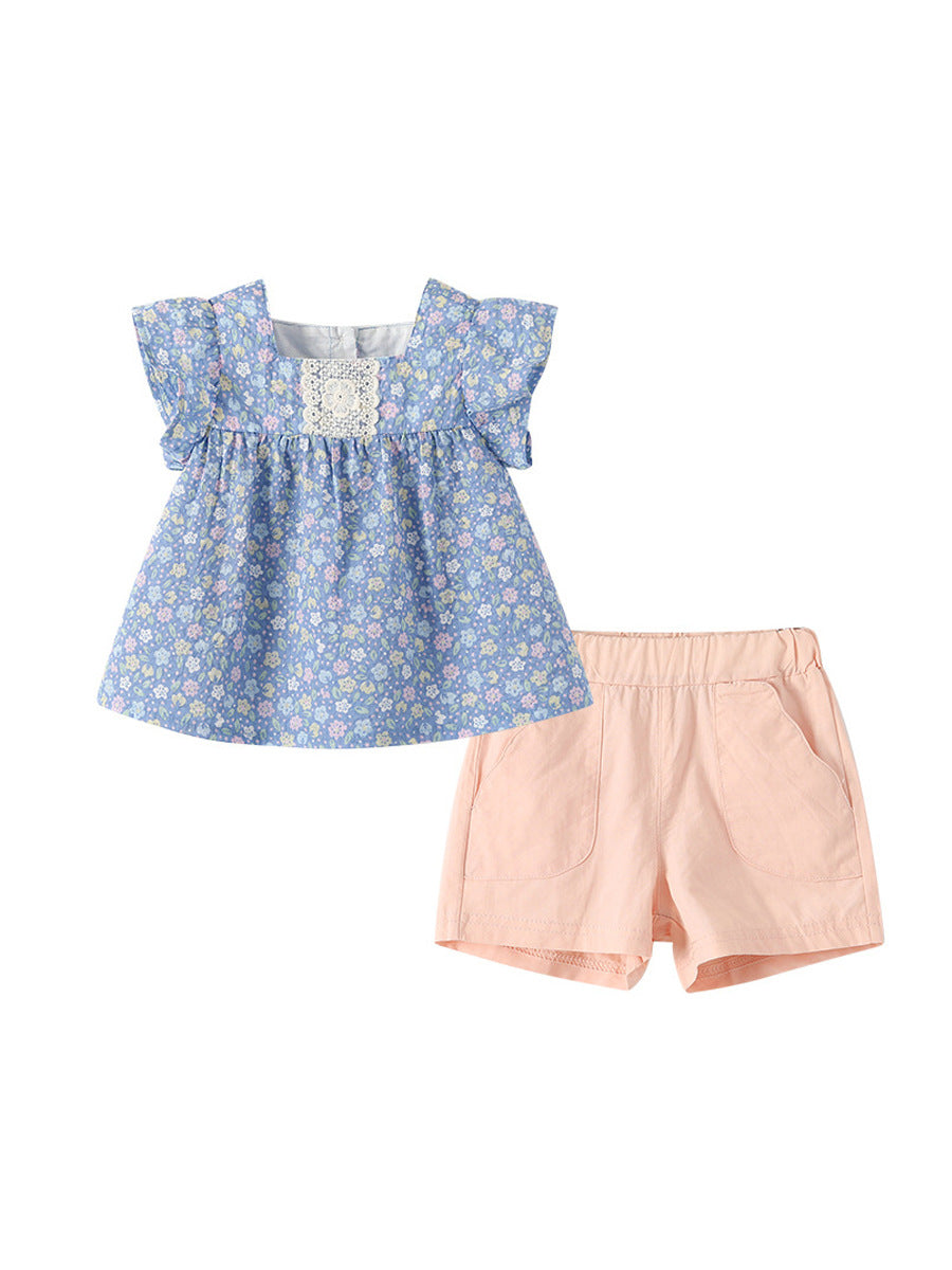 Completo Estivo Bimba 3 Pezzi   Maglietta a Fiori, Shorts Rosa e Cappellino Coordinato