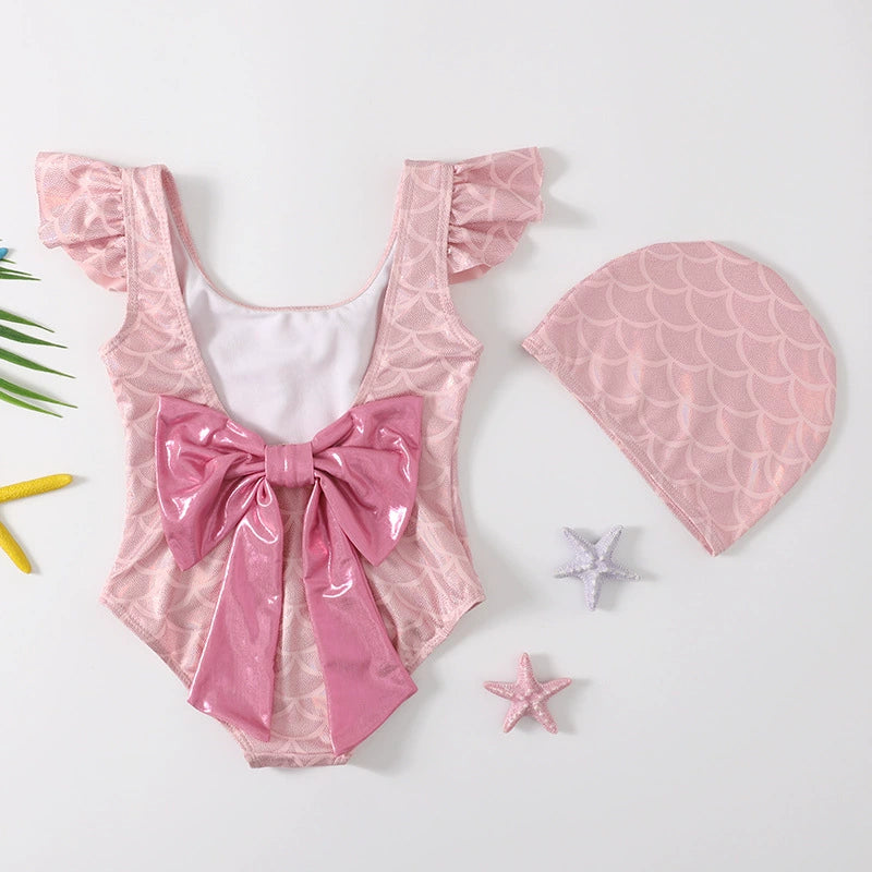 Costume Intero Bambina "Dolce Sirena"  Rosa con Maxi Fiocco Lucido