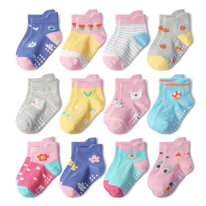 Set 12 Calzini Antiscivolo Bambina   Fantasie Colorate e Floreali