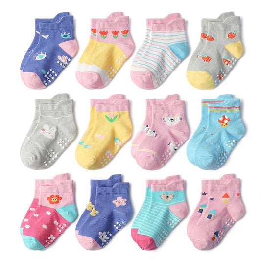 Set 12 Calzini Antiscivolo Bambina   Fantasie Colorate e Floreali