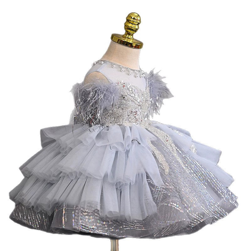 Abito da Cerimonia Bambina Argento – Con Paillettes e Piume