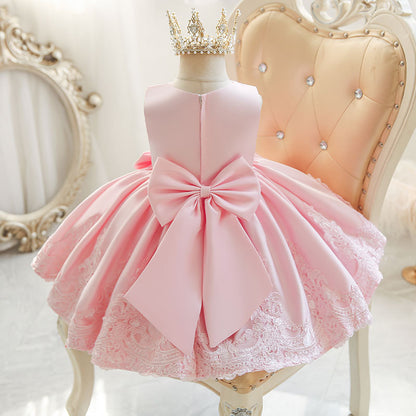 Abito da Cerimonia Bambina Rosa con Ricami e Fiocco Maxi