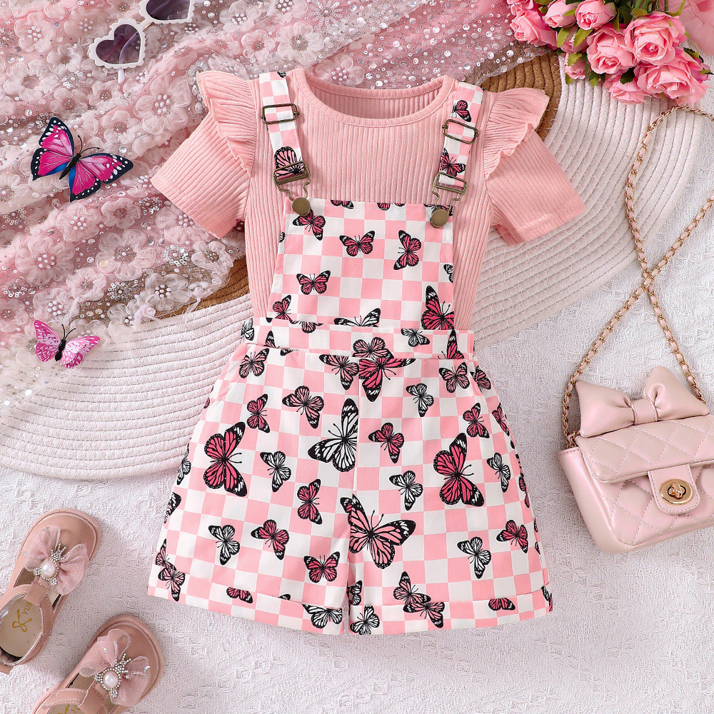 Completo Bimba con T-shirt Rosa e Salopette a Quadretti con Farfalle