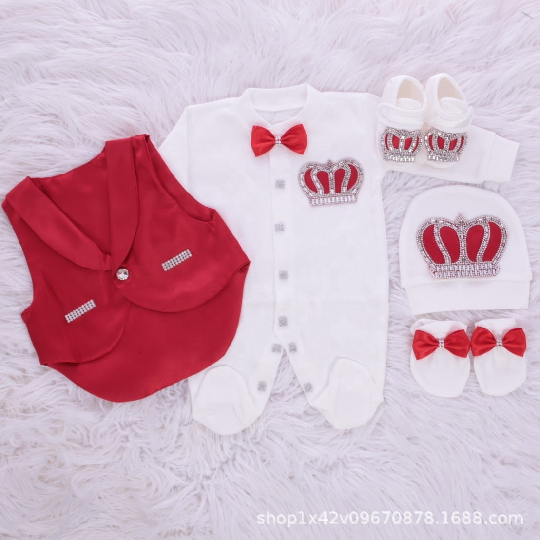 Set nascita principe – Tutina, gilet, scarpine e accessori con corona