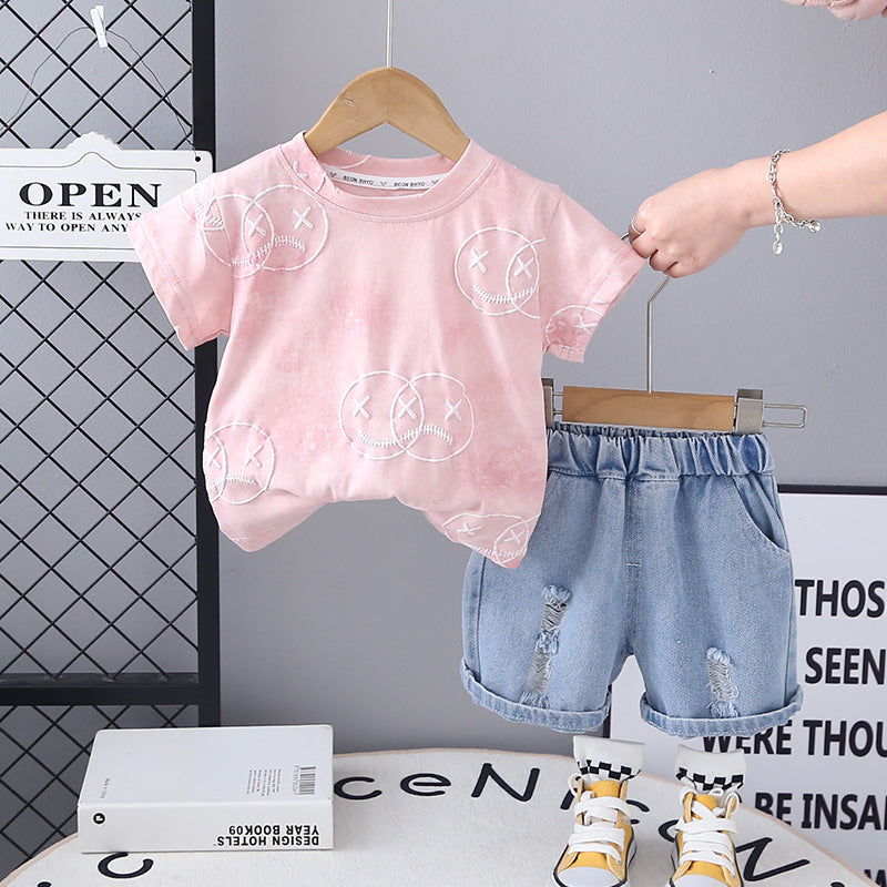 Completo Estivo Bimbo  T-shirt Smiley Grigia e Shorts in Denim