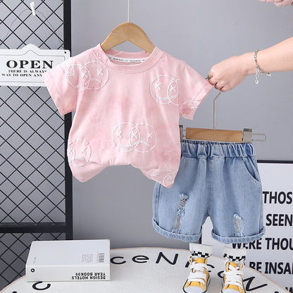 Completo Estivo Bimbo  T-shirt Smiley Grigia e Shorts in Denim