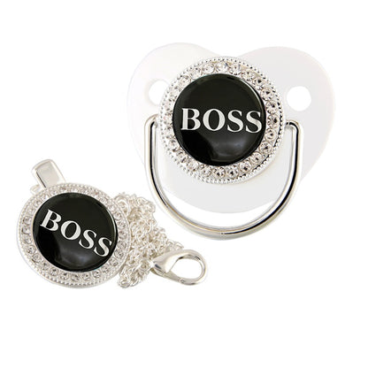 Set Ciuccio con Catenella “BOSS” – Design Elegante con Strass argento