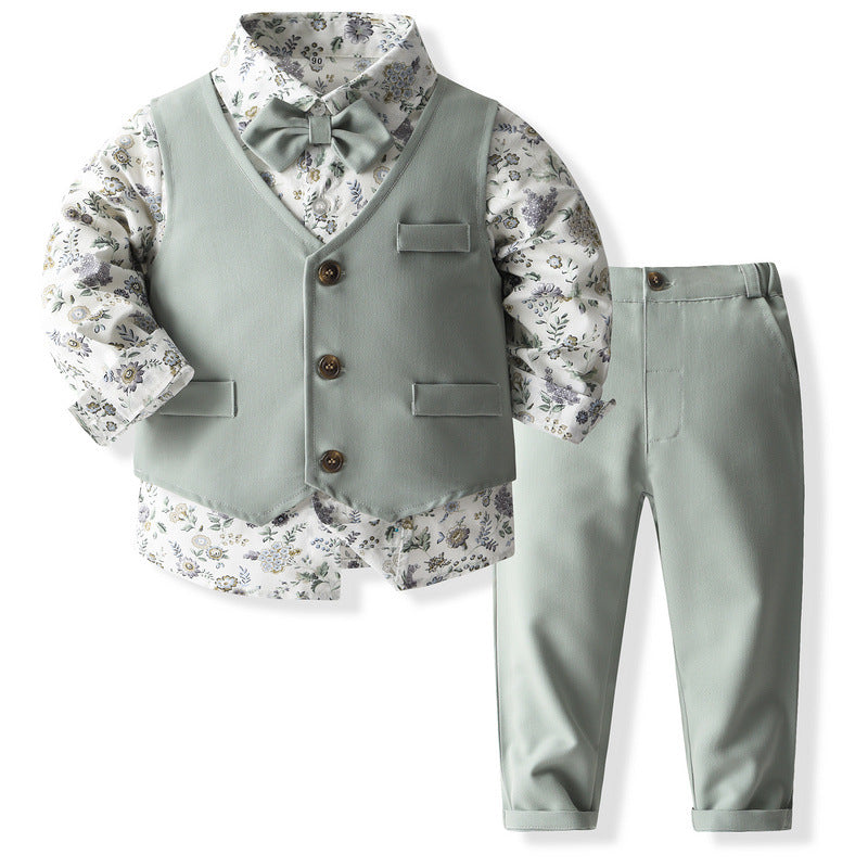 Completo 3 Pezzi Bambino  Verde Salvia con Camicia Floreale e Papillon