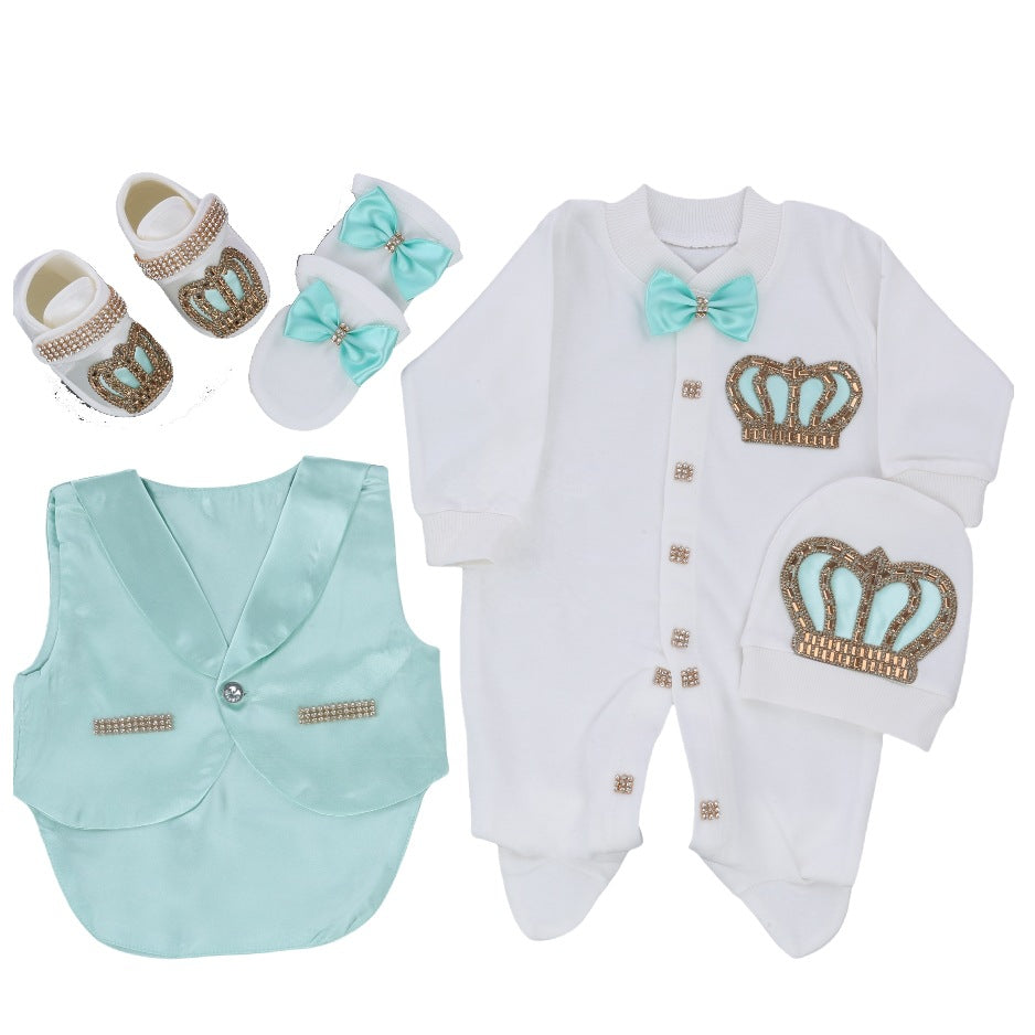 Set nascita principe – Tutina, gilet, scarpine e accessori con corona