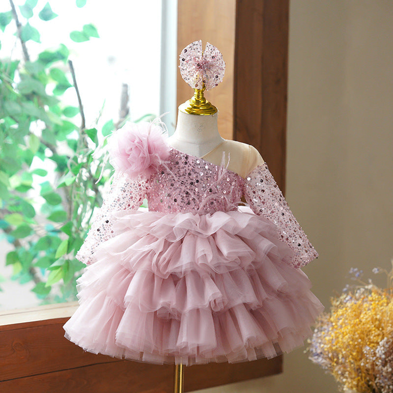 Abito Elegante Bambina Rosa con Paillettes e Gonna in Tulle