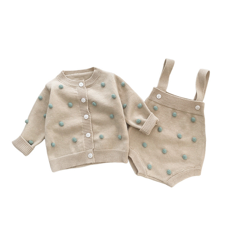 Completo Maglia Beige per Bambina - Cardigan e Salopette con Dettagli a Pois