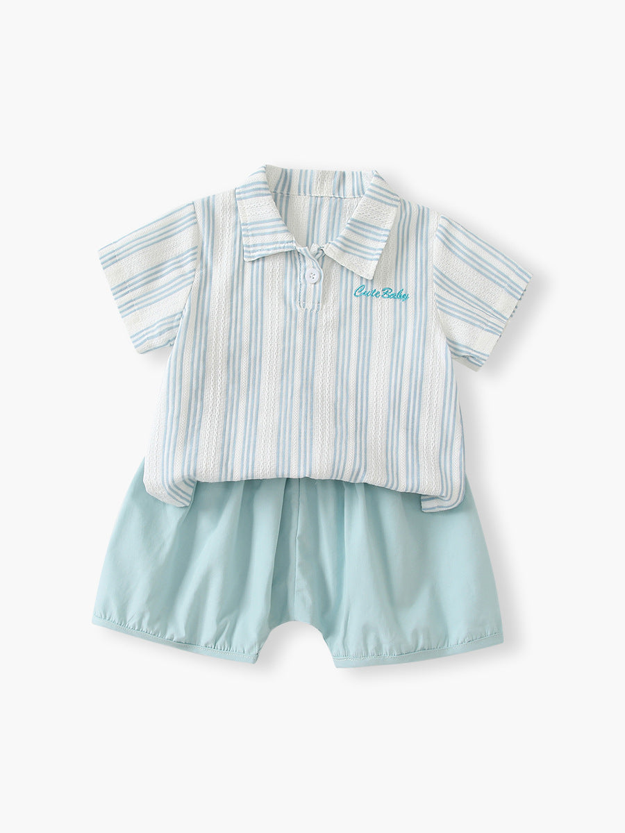 Completino  Estivo Neonato  Camicetta a Righe Azzurre e Shorts Coordinati