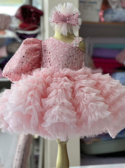 Abito da Cerimonia Bambina - Rosa con Paillettes, Tulle Vaporoso e Fiocco Coordinato