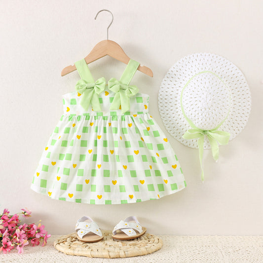 Abitino Estivo Bimba con Cappello   Cuori Gialli e Fiocchi Verdi