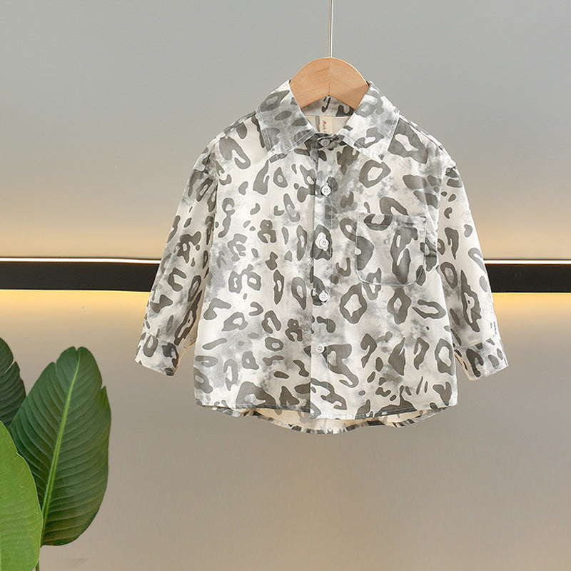 Camicia Bambino a Maniche Lunghe con Stampa Animalier Grigia