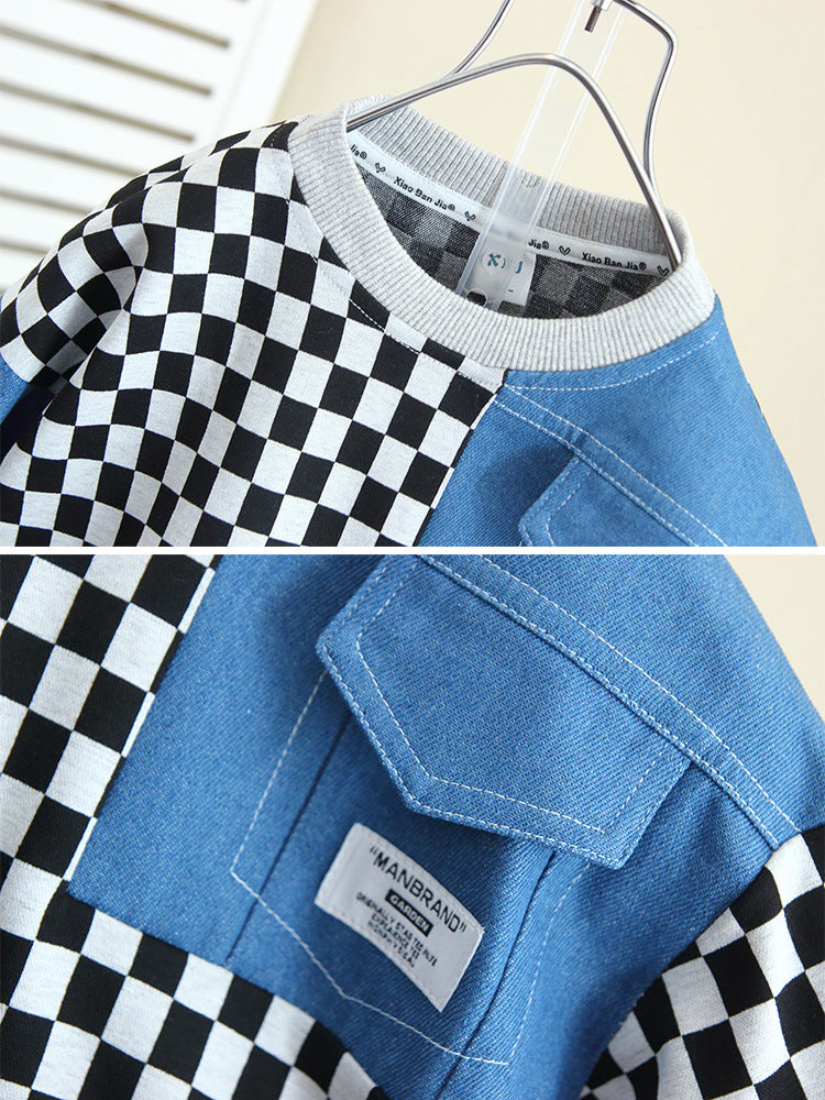 Set Bambino a Quadri – Felpa e Pantaloni con Dettagli in Jeans