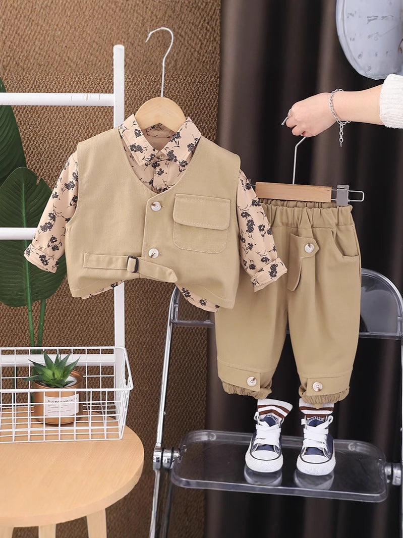 Completo Elegante per Bambino - Gilet, Camicia Floreale e Pantaloni