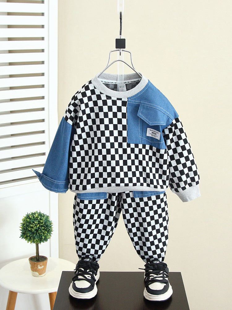 Set Bambino a Quadri – Felpa e Pantaloni con Dettagli in Jeans