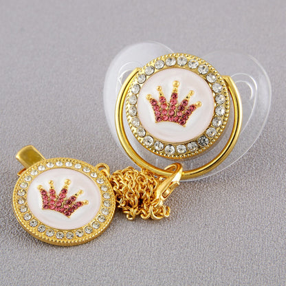 Set Ciuccio e Catenella con Corona Luxury Rosa in Cristalli