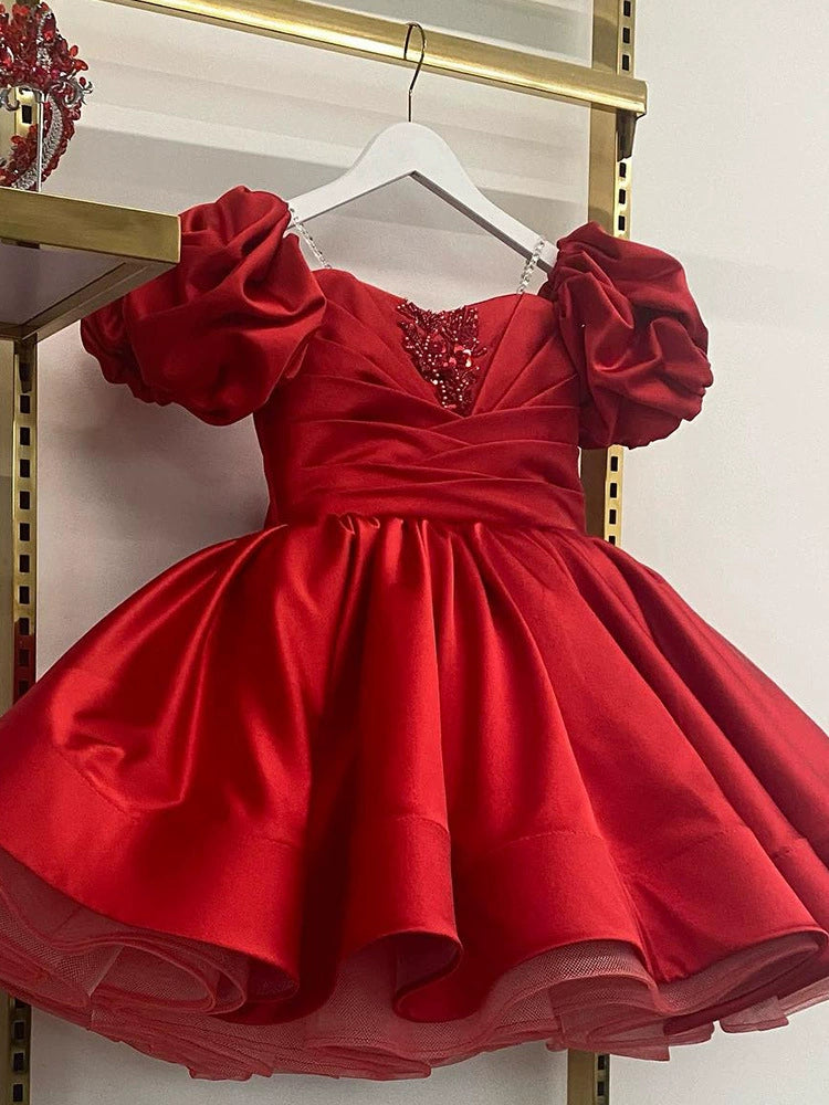 Abito Principessa Satinato con Maniche a Sbuffo e Gonna Voluminosa