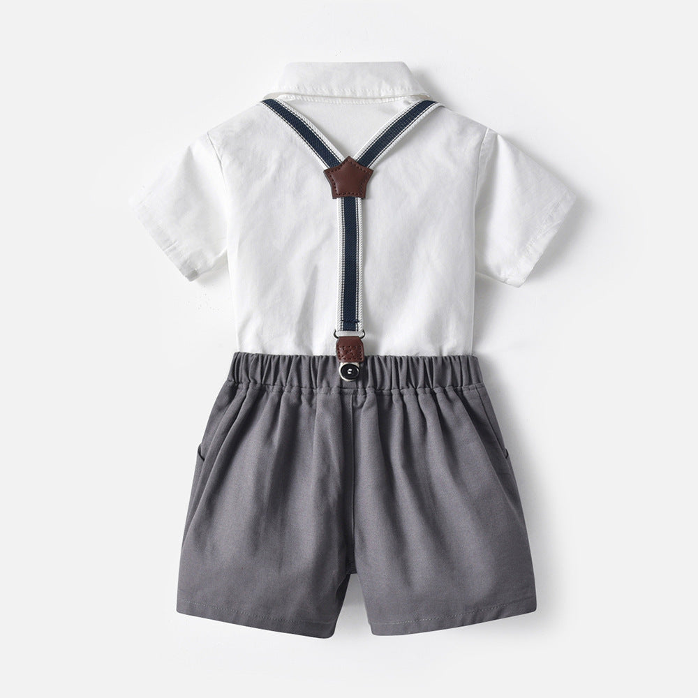 Completo Elegante Bimbo 3 Pezzi  Camicia, Pantaloncini e Bretelle con Papillon