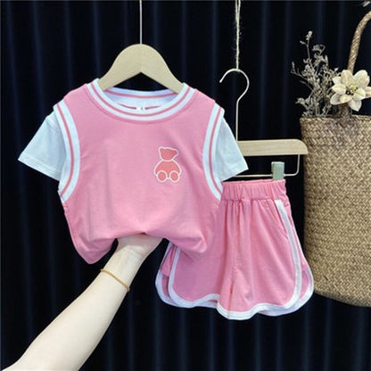 Coordinato Estivo Bambina con Orsetto  Maglietta e Gonnellina Pantaloncino
