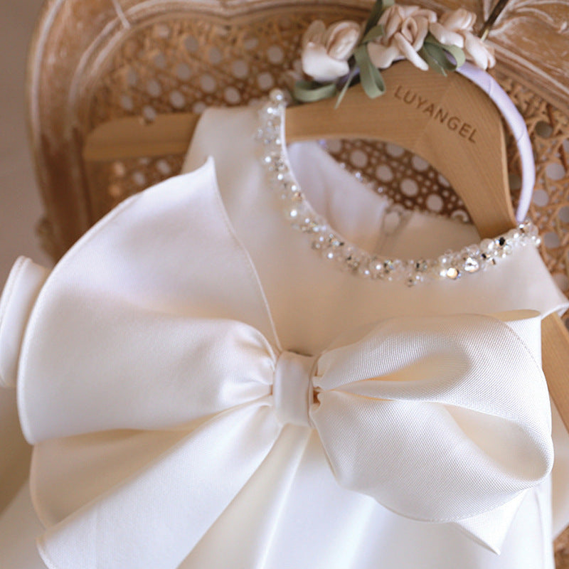 Abito Elegante da Cerimonia Bambina Bianco con Maxi Fiocco e Perline