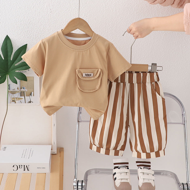 Completo Estivo Bimbo   T-shirt con Taschino e Pantaloncini a Righe