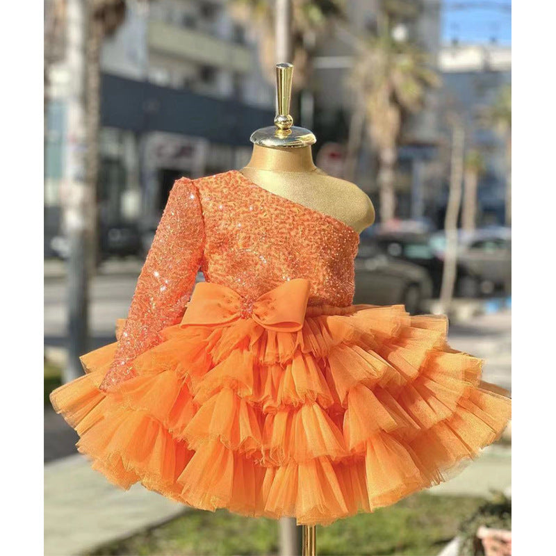 Abito da Cerimonia Bambina Monospalla in Tulle Arancione con Paillettes e Fiocco