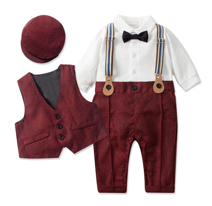 Completo Neonato Elegante 4 Pezzi  Camicia, Gilet, Pantaloni con Bretelle e Coppola in Stile Vintage