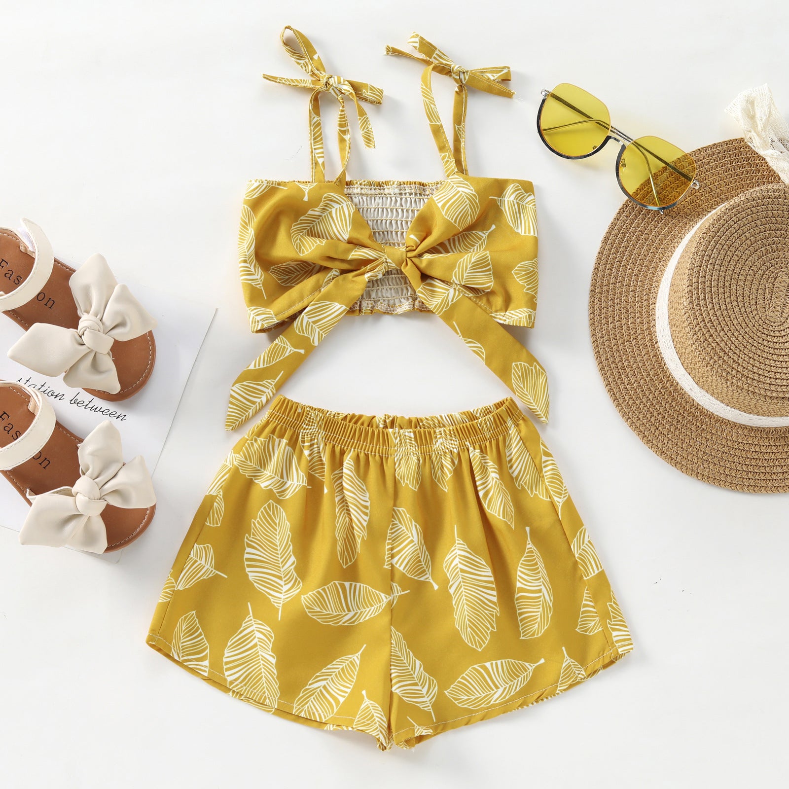 Completo estivo bambina 2 pezzi con stampa foglie tropicali