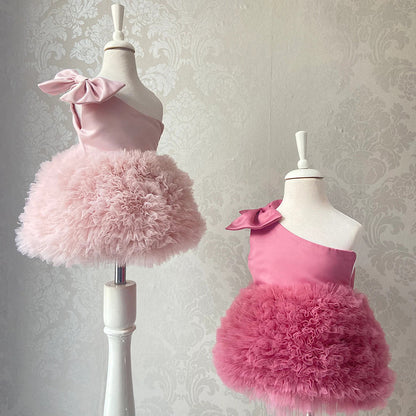 Abito Cerimonia Bambina Monospalla – Tulle Voluminoso e Fiocco in Raso