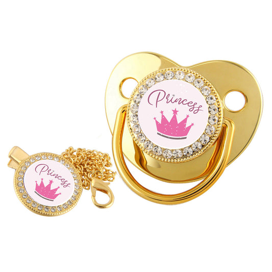 Set Ciuccio + Clip con Catena "Princess" Decorato con Strass 0-6 mesi