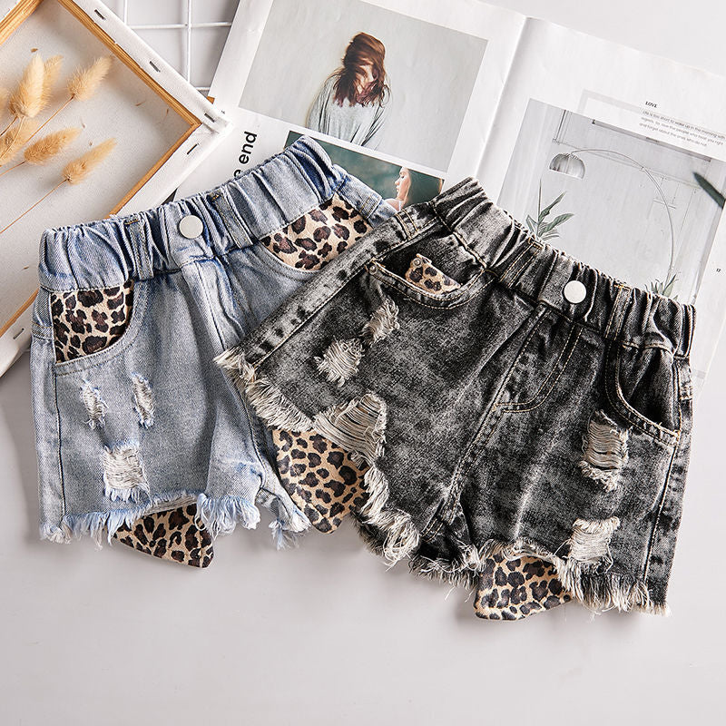 Shorts in Denim con Inserti Leopardati