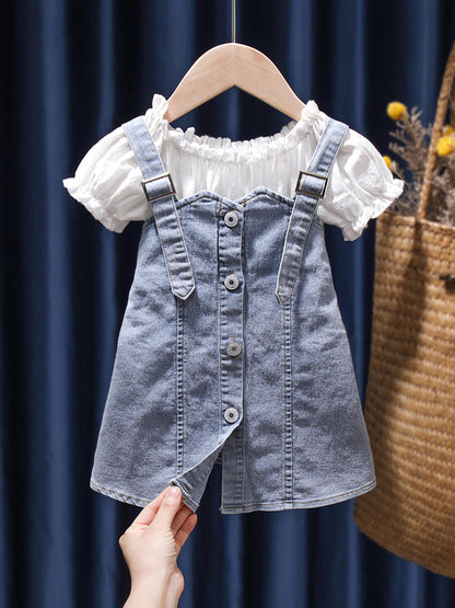 Set Abito Salopette in Denim e Blusa per Bambina