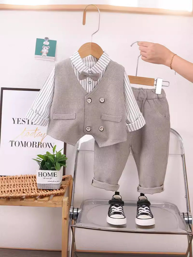 Completo Bambino 3 Pezzi Elegante  Camicia a Righe, Gilet Grigio e Pantaloni Coordinati