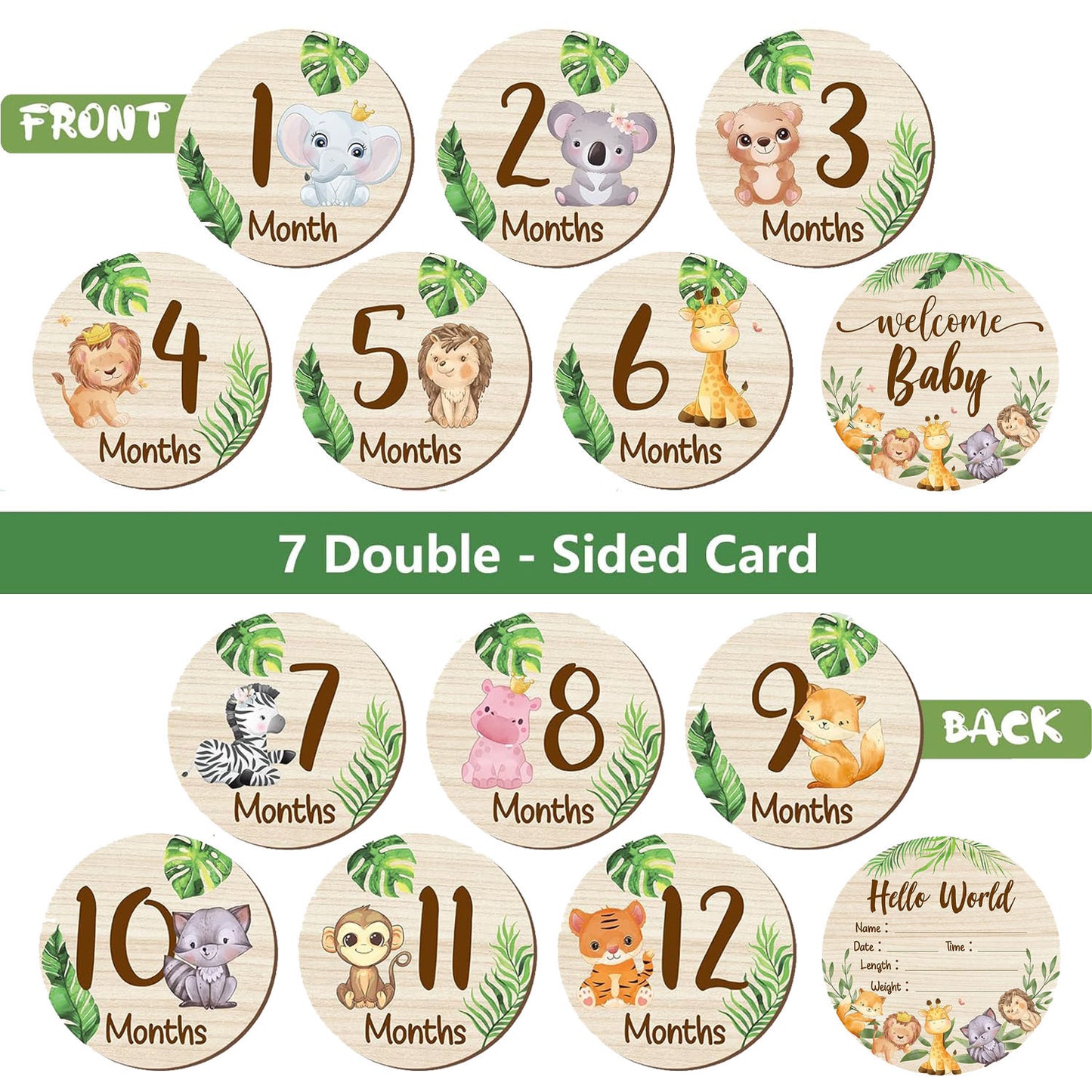 Carte Mese in Legno Animali Baby della Giungla – 12 Mesi + Nascita