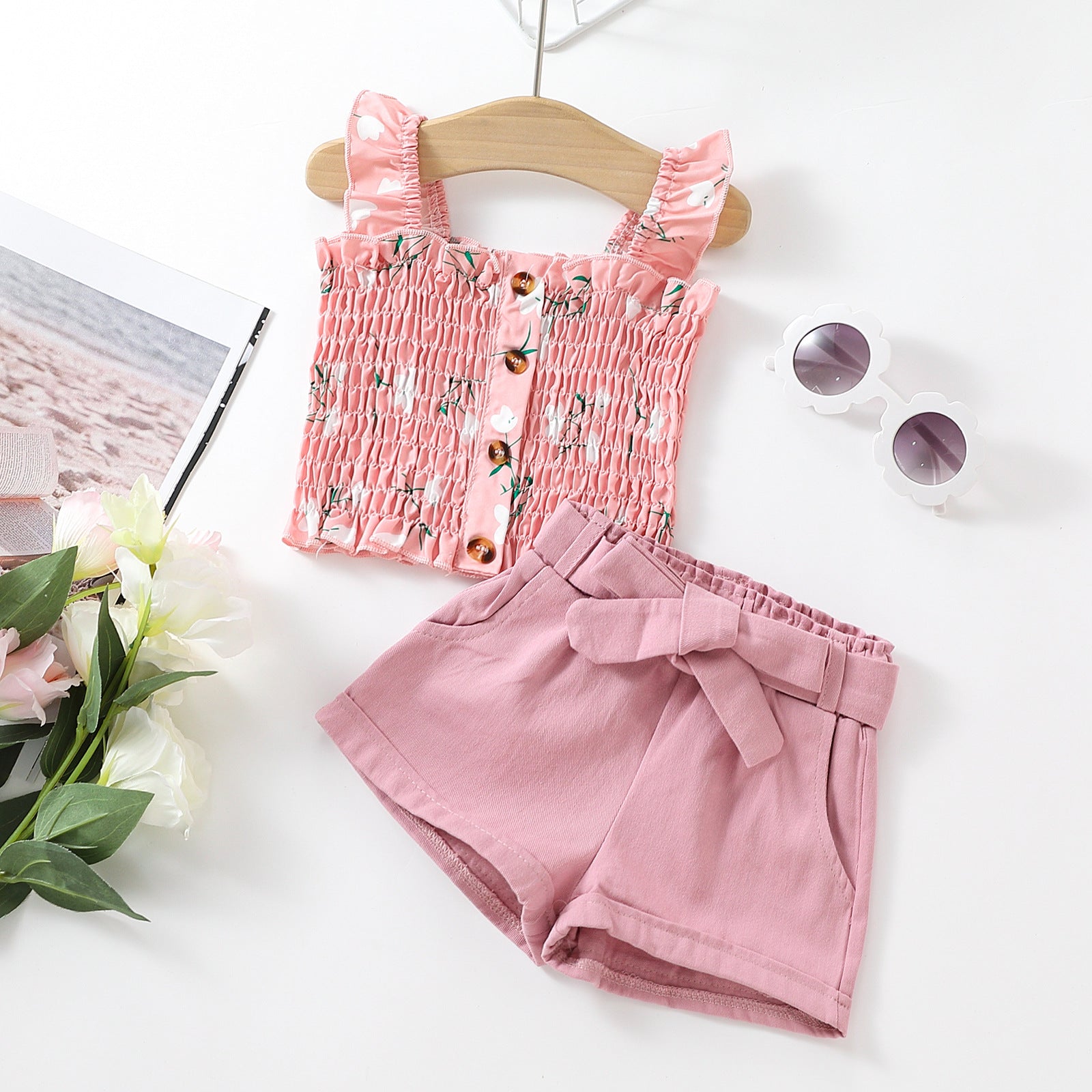 Completo estivo bambina 2 pezzi con top smockato e shorts con fiocco