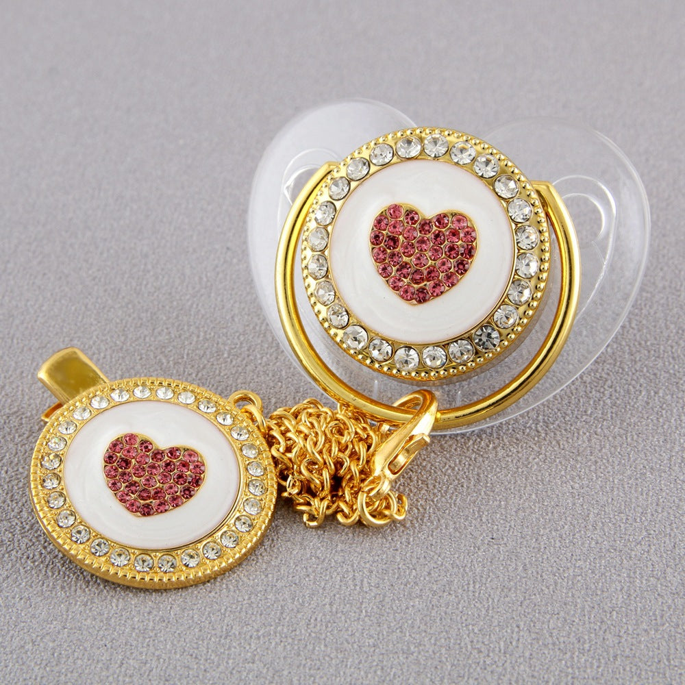 Set Ciuccio e Catenella con Cuore Rosa in Cristalli