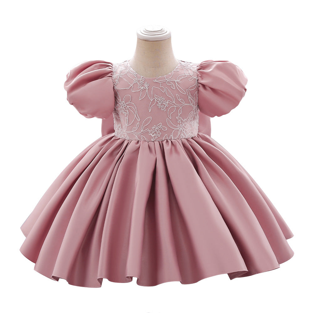 Abito Elegante Rosa per Bambina con Maniche a Palloncino e Ricami