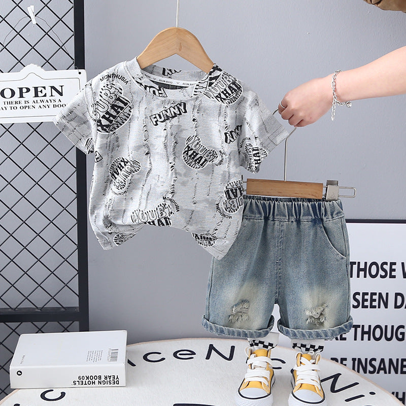 Completo Estivo Bimbo  T-shirt "Funny" con Stampa Cartoon e Shorts in Jeans