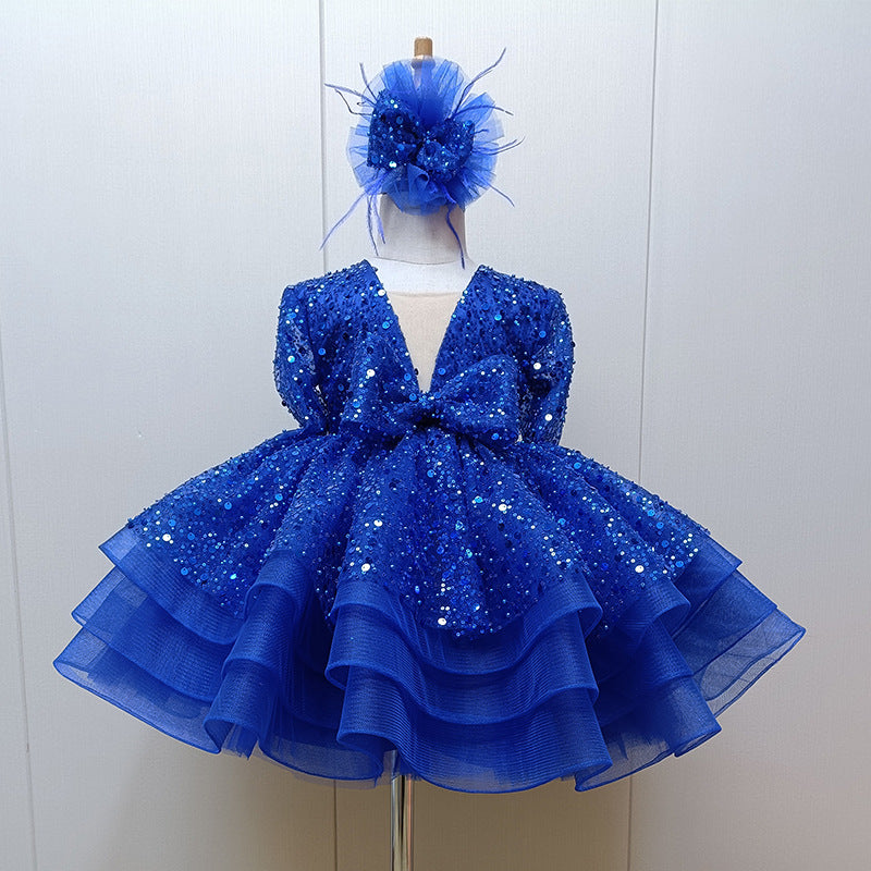 Abito da Cerimonia Bambina Blu Elettrico con Paillettes, Balze e Fascia Coordinata