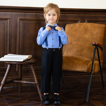 Completo Elegante Bambino con Papillon e Bretelle  Camicia a Righe e Pantalone Classico